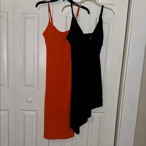 2 Planet Gold Asymmetrical Spaghetti Strap Dresses in Orange and Black